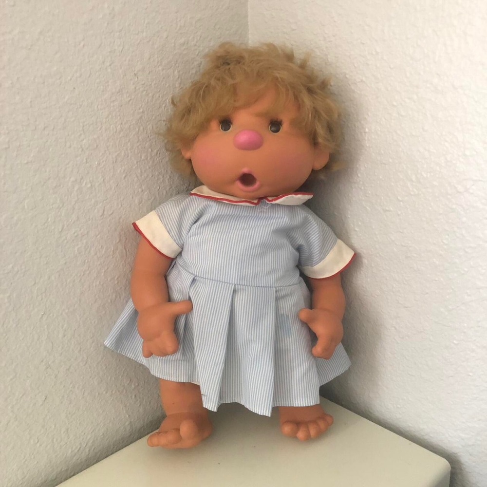 VTG Vicma Bambo Thumb Sucking Baby Doll 1980s Girl Blonde 20” Blue Dress Bloomer - Picture 2 of 8